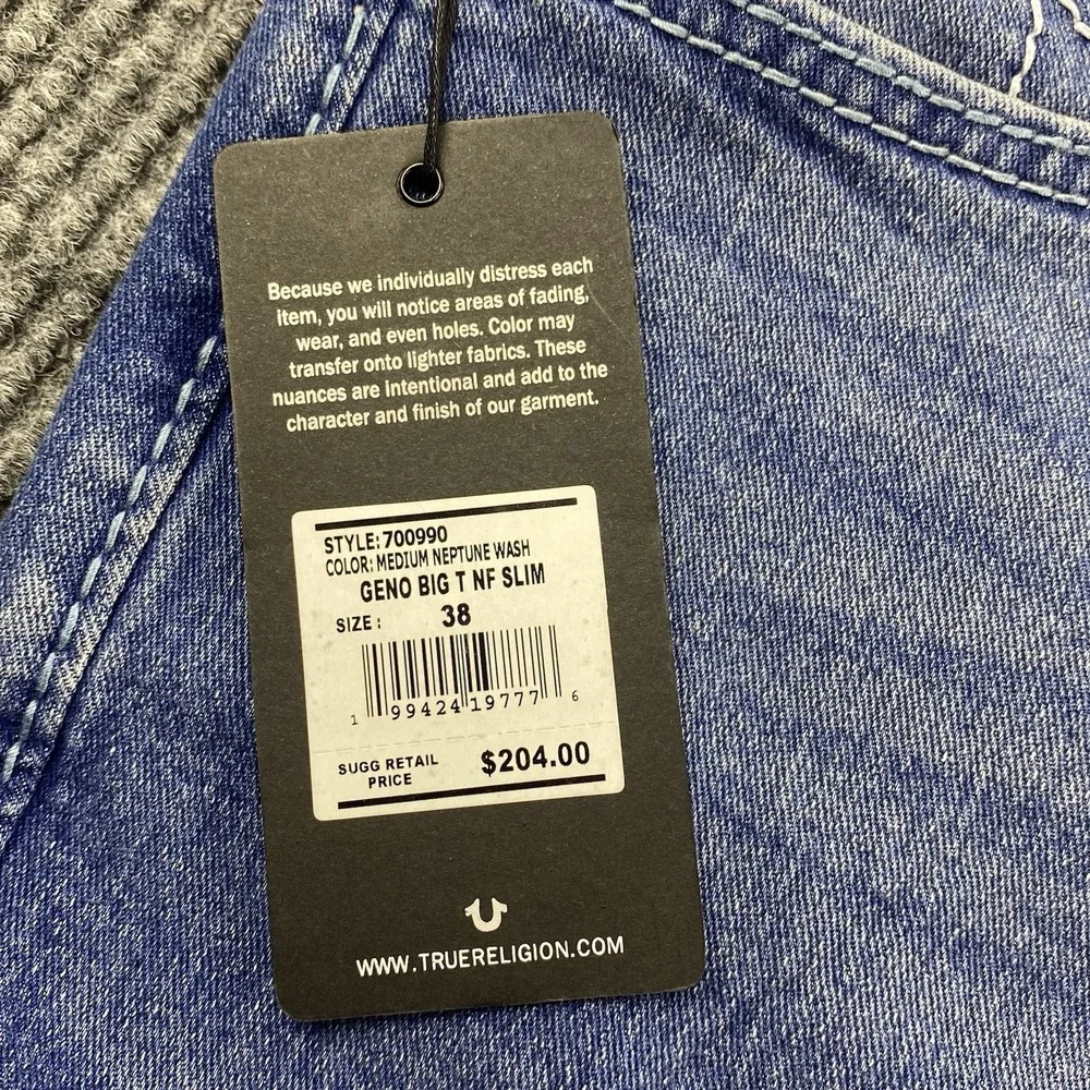 True Religion Geno Big T NF Slim Jeans Men's Size 38 Medium Neptune Wash NWT